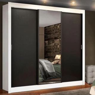 Guarda Roupa Casal Madesa Lyon Plus 3 Portas de Correr com Espelho 4 Gavetas - Branco/Preto em Oferta na Shopee
