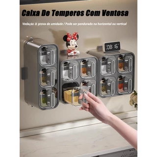 Organizador de Temperos com Ventosa, Novo Design - Conjunto de Frascos para Sal, Açúcar e Temperos