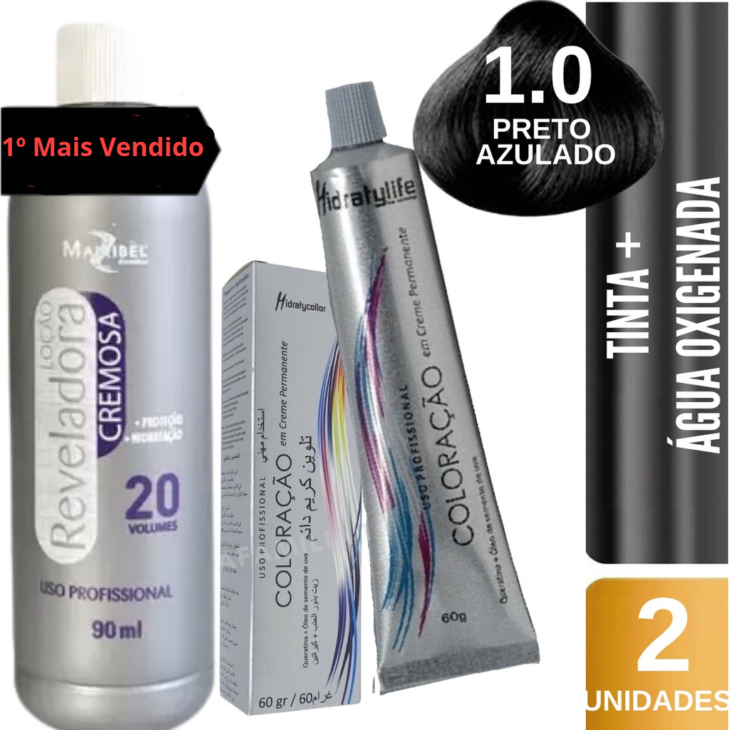 Cabelo Preto Azulado | 1 Tinta Nº 1.0 + 1 Oxigenada 20 Volumes 90 ML
