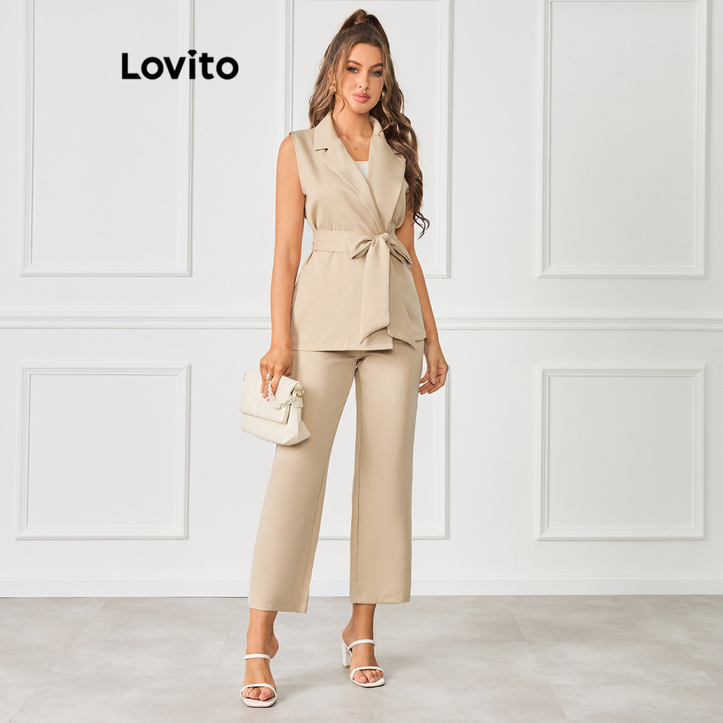 Lovito Conjuntos elegantes de calças com gola assimétrica e cinto simples para mulheres LBL20206