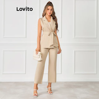 Lovito Conjuntos elegantes de calças com gola assimétrica e cinto simples para mulheres LBL20206