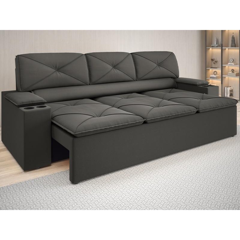 Sofá com Porta Copos Retrátil e Reclinável Pop 2,05m Velosuede Cinza - NETSOFAS