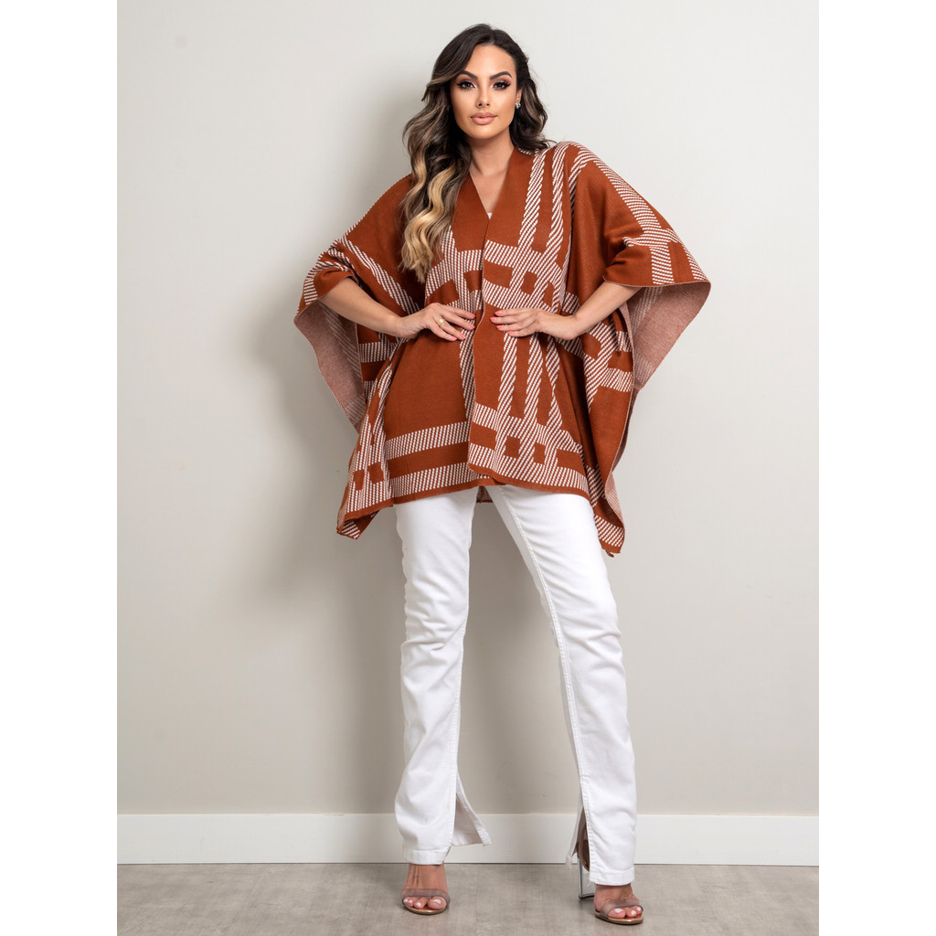 Cardigan Tricot Xadrez esoanador Bloco de cores Manga de Asa de