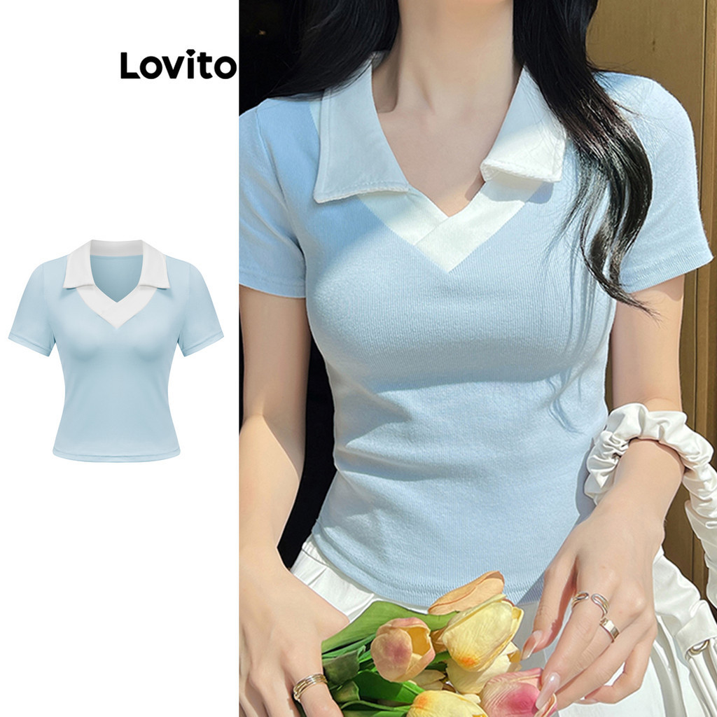 Lovito Camiseta casual lisa colorblock para mulheres LBA79118