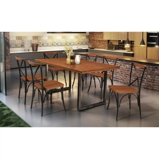 Conjunto Sala de Jantar Industrial 6 Cadeiras Aço Madeira Maciça Laís