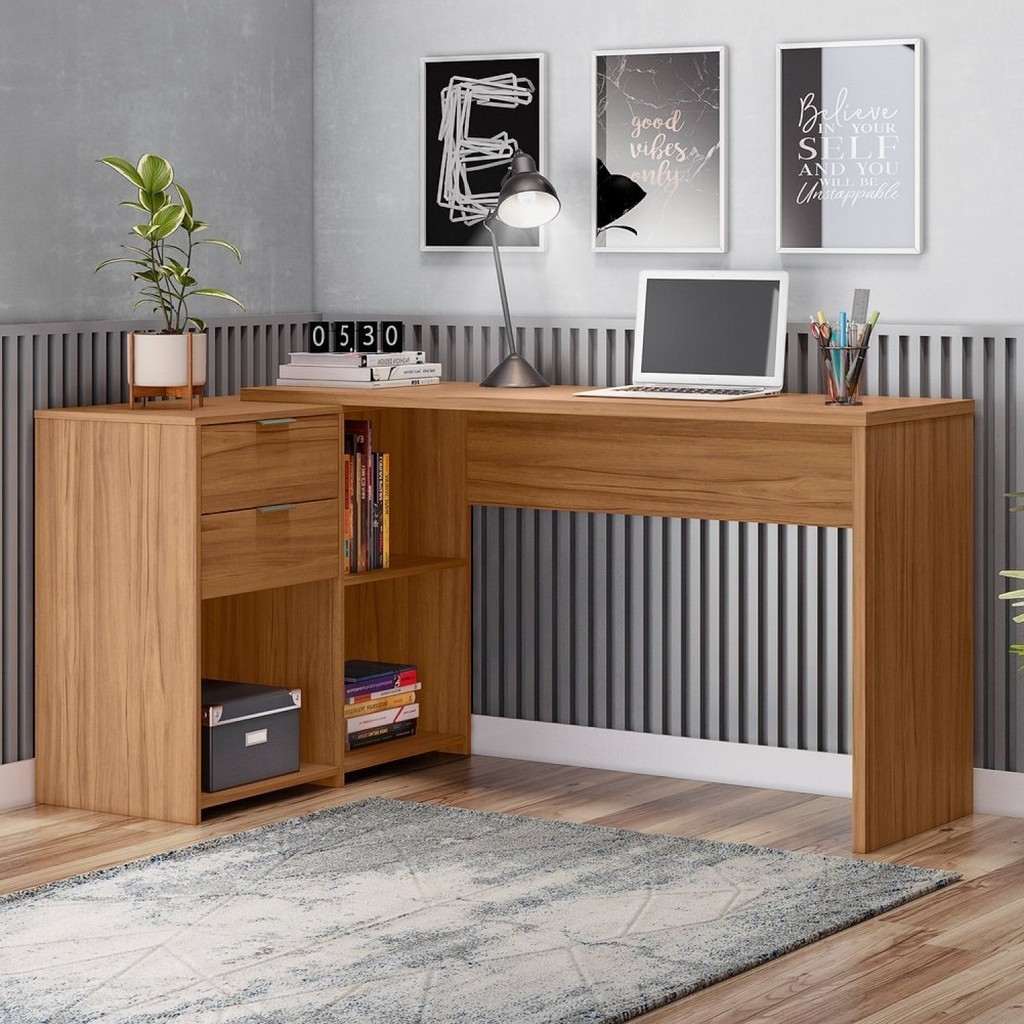 Mesa de Escritório em L 2 Gavetas 3 Nichos Office Nt 2060 Freijó