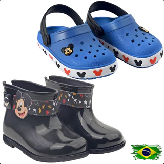 Kit Menino 2 Pares Bota Galocha Impermeável + Babuche Infantil Mickey Preto/Azul