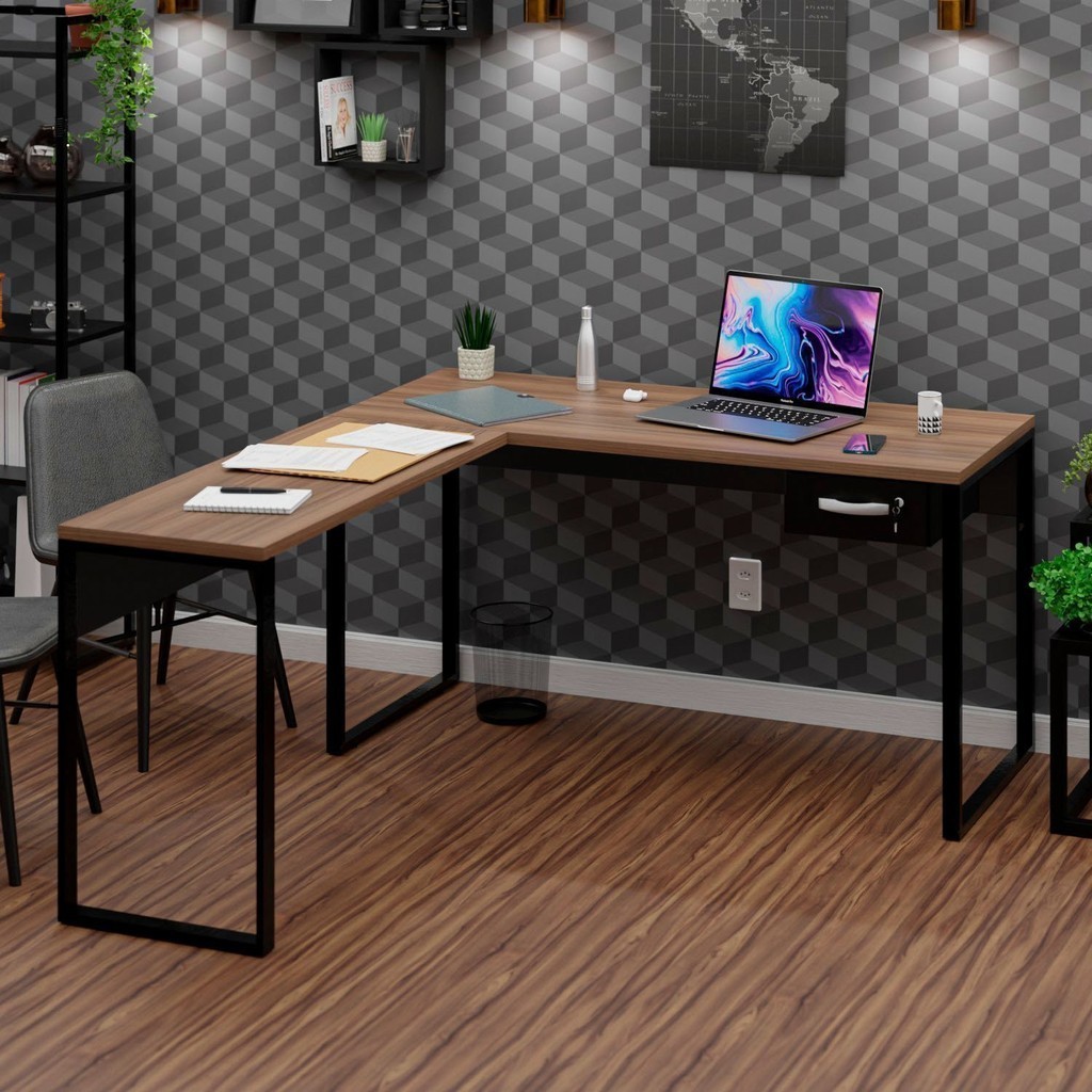 Mesa de Canto em L Escrivaninha com 1 Gaveta Industrial 150x150cm