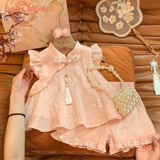 Líder Do Urso Summer Chinese Style Girls Suit Pink Flower Bordado Com Mosca De + Shorts Conjunto De Duas Peças Sweet Tassel Cheongsam Kids Clothes
