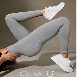 Calça Legging Canelada Feminina de Cintura Alta Sem Costura para Academia Elástica e Fitness