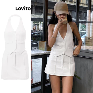 Lovito Casual Conjunto Feminino Liso com Costas Abertas e Saia com Botão LNL42052