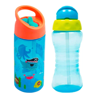 Garrafa Infantil Canudo 400ml Pirata + Garrafa Infantil com Canudo Retrátil 300ml Fresh Azul - Buba