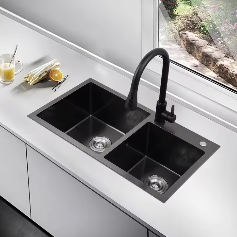 Pia Cuba de Cozinha Dupla Gourmet 72x40 Aço Inoxidável Preto fosco com Válvula e Acessórios Inclusos