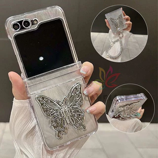 Luxo Glitter Transparente Carcaça Dura Para PC Samsung Galaxy Z Flip 5 6 4 3 Com Suporte De Borboleta Pulseira Diamante Capa À Prova De Choque