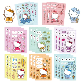 8 Folhas Hello Kitty " Faça Um Rosto " Autocolante De PVC Impermeável Para Montagem De Bricolagem