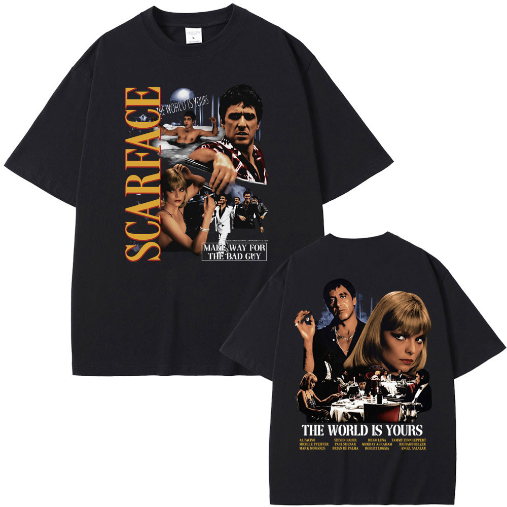 Filme Scarface Al Pacino Tony Montana O Mundo É Sua Camiseta De Dupla Face Impressão Hip Hop Y2K Vintage Oversized