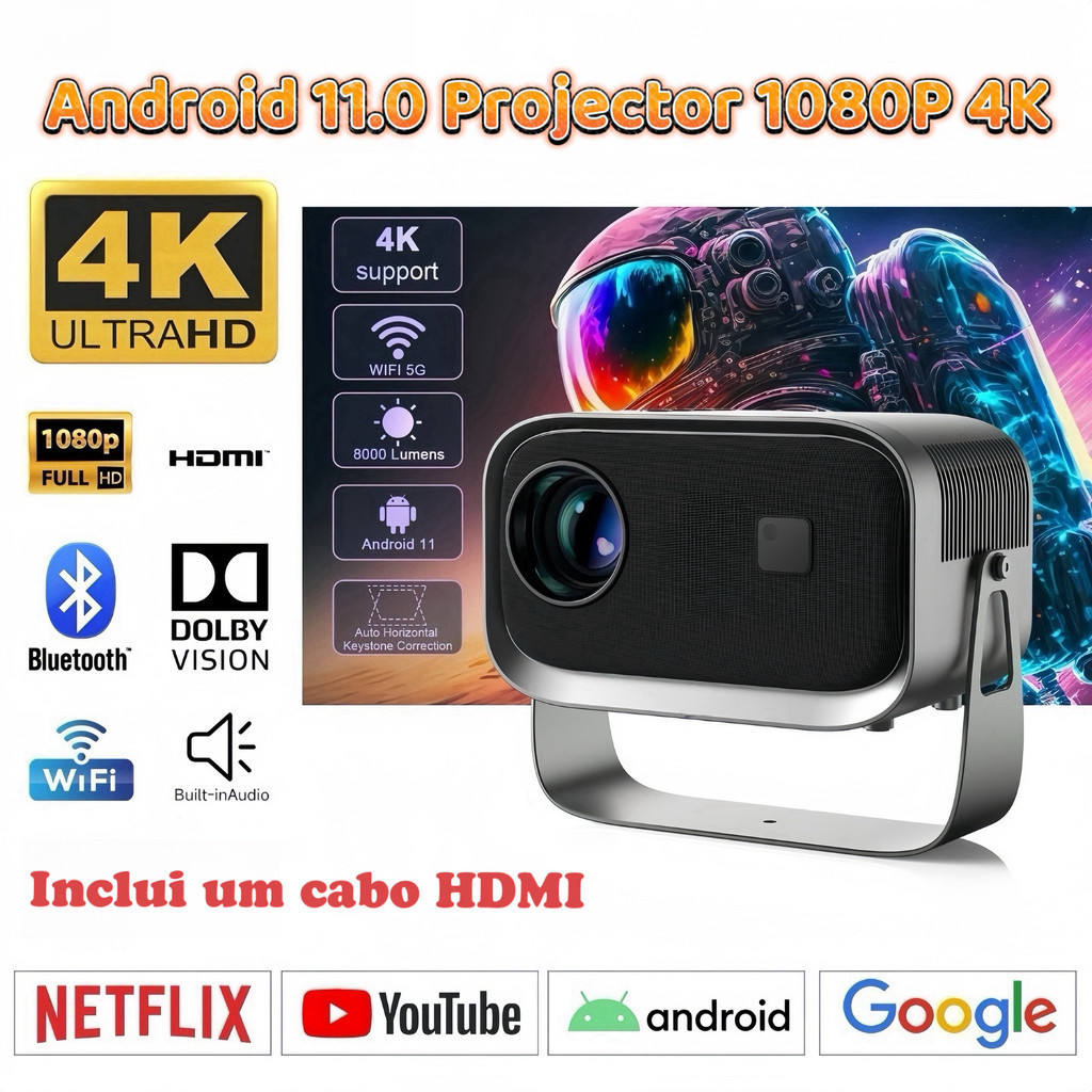 Projetor 4K Android TV, WIFI 6.0, Bluetooth 5.0 - Portátil e para Instalação Suspensa