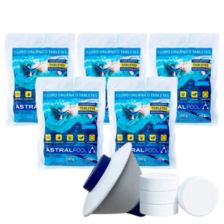 Clorador Flutuante Médio + 5 Und Pastilha De Cloro Orgânico 5 Em 1 Desinfetante Clarificante Algicida 200g Para Limpeza De Piscina
