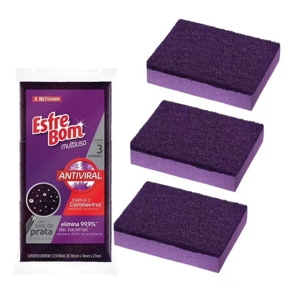 Kit 30 Unidades Esponja Antiviral ESFREBOM Bettanin Bucha Roxo Multiuso PACOTE 3 UNIDADES Íons de Prata