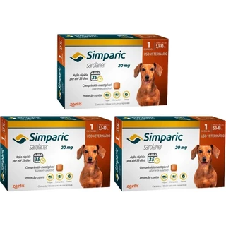 Simparic 20mg para de Cães 5,1 a 10kg - 3 Comp. - Zoetis - 3 Unidades