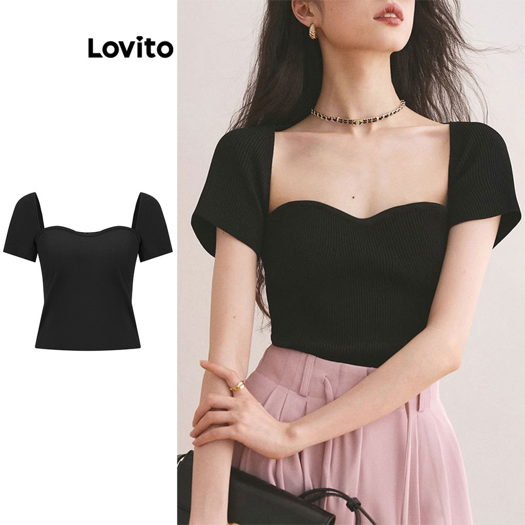 Lovito Camiseta feminina vintage de malha canelada lisa L86ED121