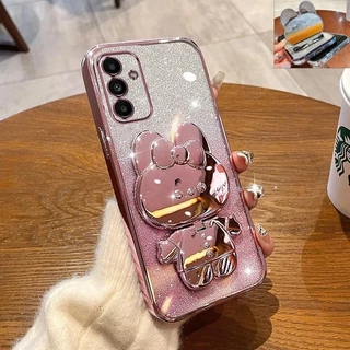 Caixa Samsung A14 4G 5G A15 A55 5G Cartoon 3D Coelho Cosmético Espelho Glitter Do Telefone Hello Kitty Caixas De Suporte Capa De Eletrodeposição A Laser + Dobra