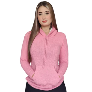 Blusa Feminina Manga Longa De Frio Com Touca Forrada De Carneiro Tricot Mousse Inverno