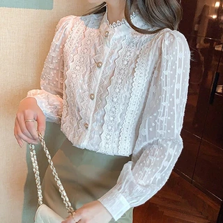2024 Blusa feminina de renda branca