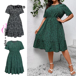 Lovito Vestido de Babados com Estampa de Poá para Mulheres Tamanho Grande LBL06044 (Multicolorido)