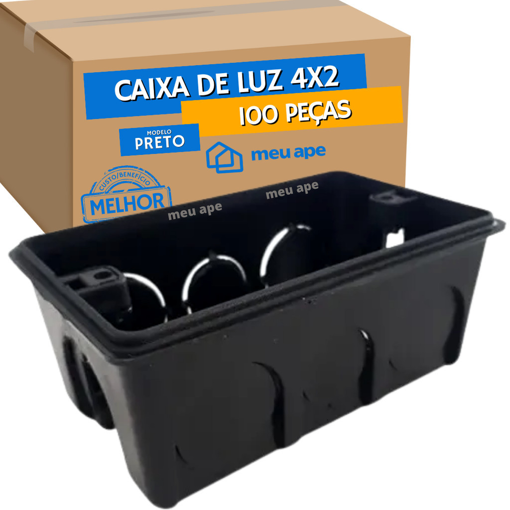 100 Caixa de Luz 4x2 Reforçada P/ Tomada Interruptor Embutir Preto