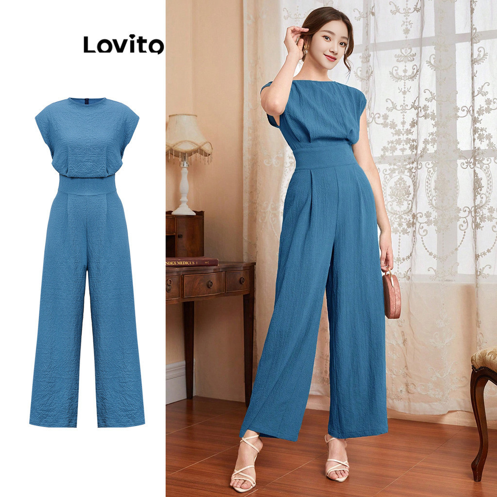 Lovito Macacão Elegante Simples Plissado para Mulheres L89ED096