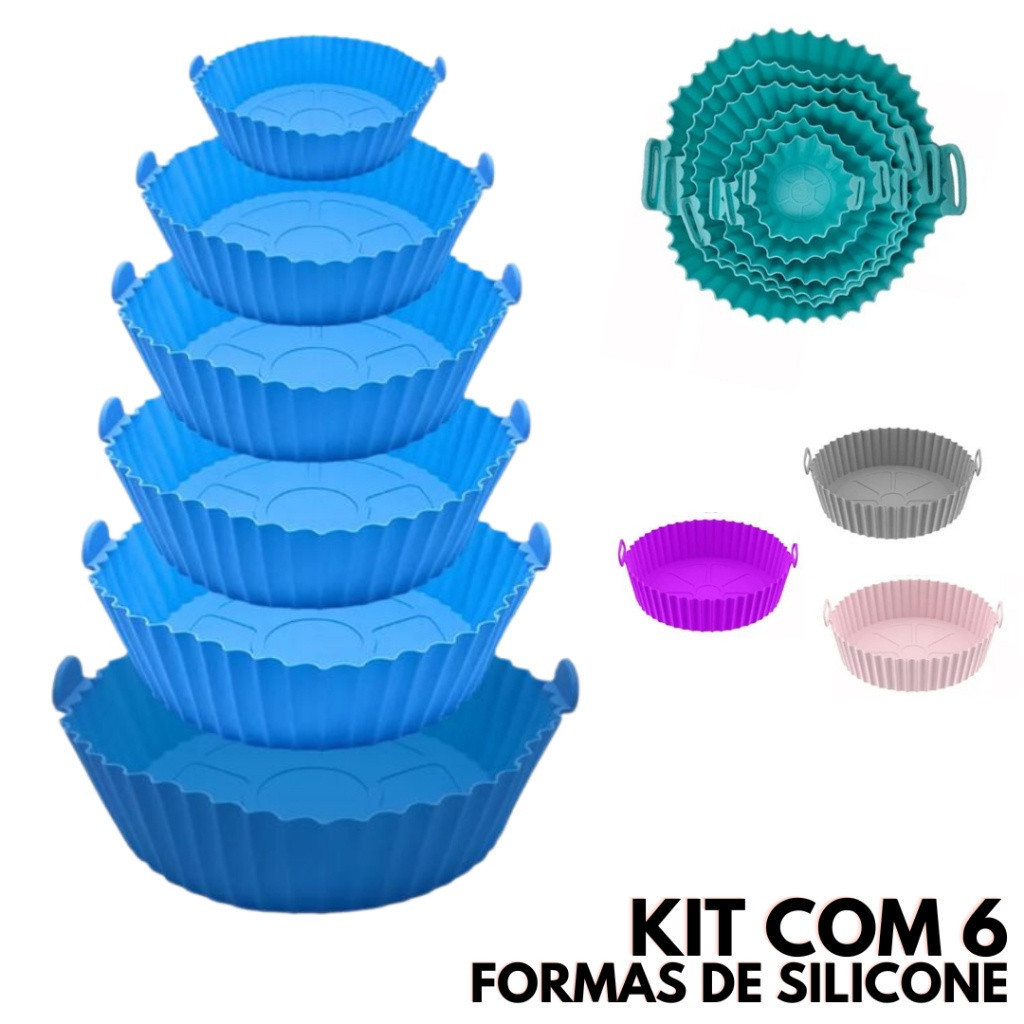 Kit 6 Formas Airfryer Tamanhos Variados Silicone Antiaderente Microondas Lavável com Alça Cozinha