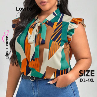 Lovito Blusa feminina plus size curva elegante geométrica com babado na frente LSL02017