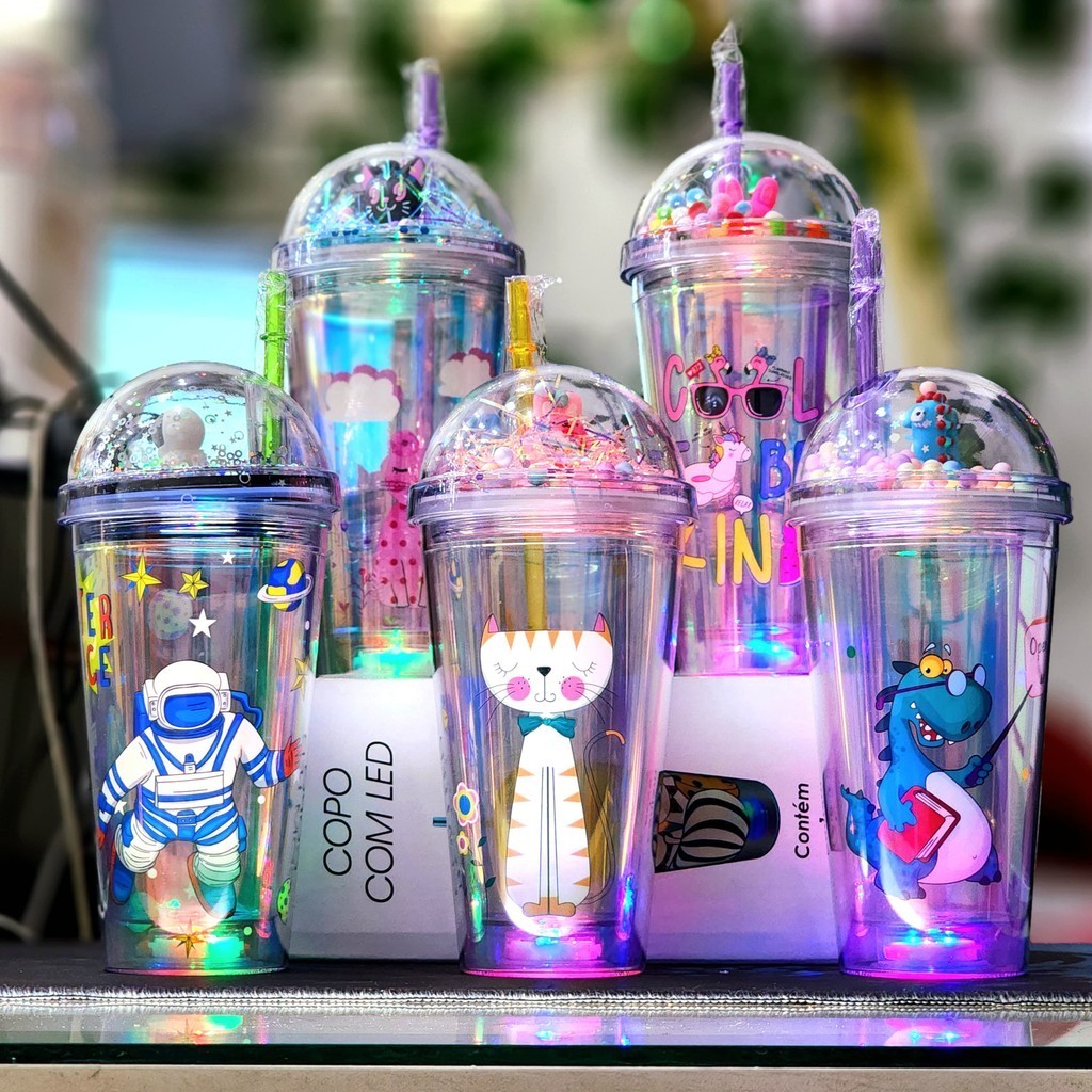Copo de Acrilico com LED, Tampa e Canudo 450ml - Modelos Gatinhos + outros