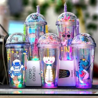 Copo de Acrilico com LED, Tampa e Canudo 450ml - Modelos Gatinhos + outros