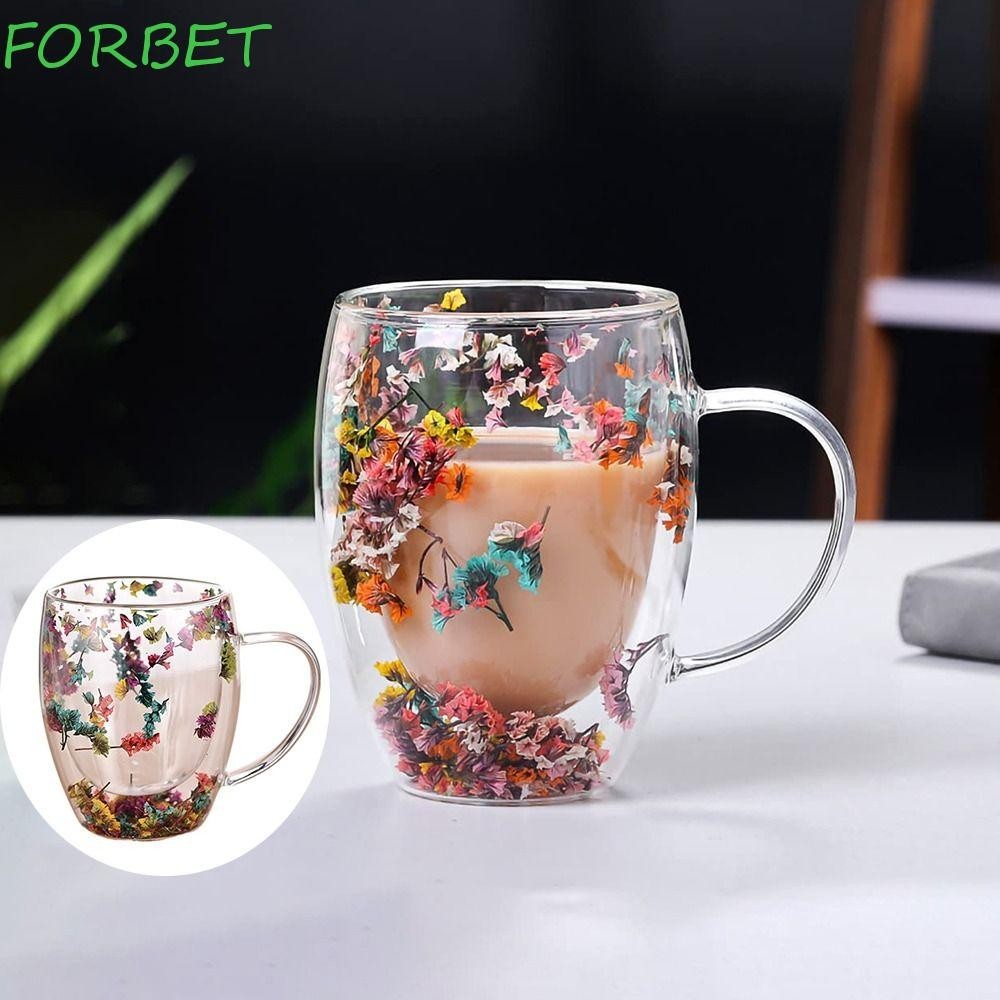 FORBET Copos De Vidro De Parede Dupla , Caneca De Café Vintage Clear Flower Criativa Com Isolamento Térmico Novidade Em Bebidas Espresso Leite