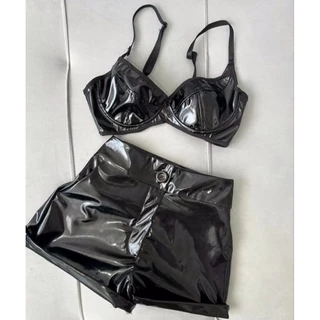 Conjunto Feminino Vinil Cropped Vinil + Shorts Vinil Estilo Gringo