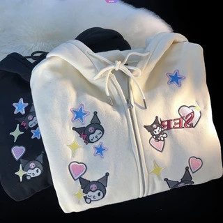 Primavera E Outono Novo Desenho Animado Sanrio Kuromi Love Hooded Women Oversize Loose Zipper Cardigan Jacket [RAIN]