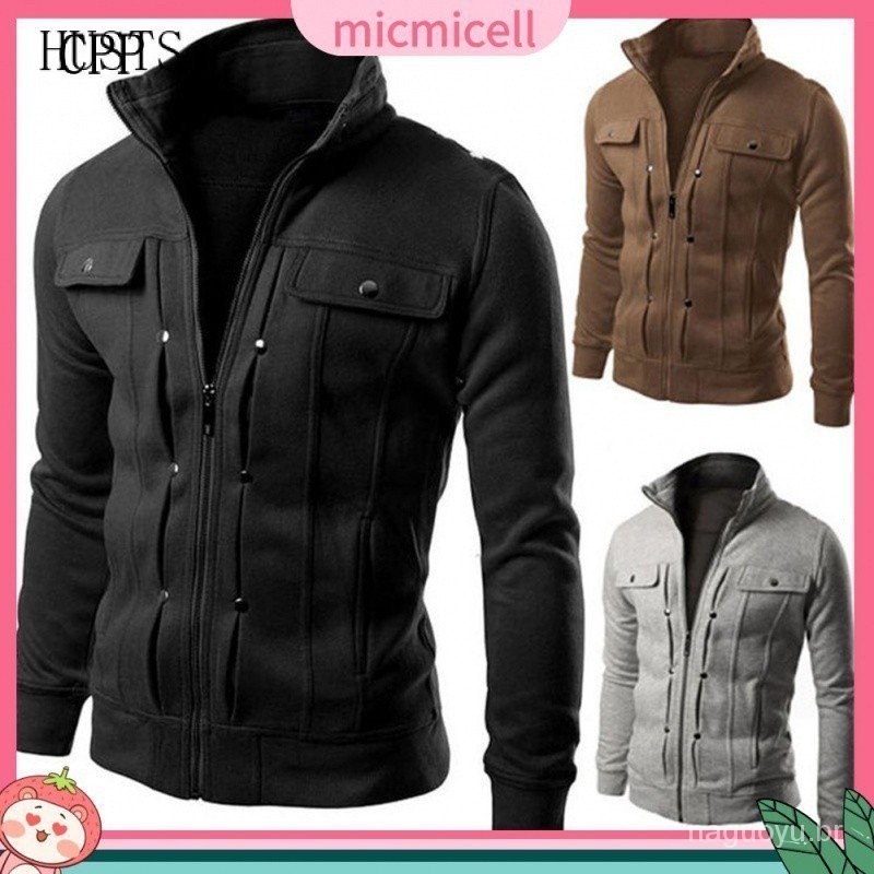 Mic_Men Plus Size Casaco Cor Sólida Com Zíper E Bolso XBR2150 u