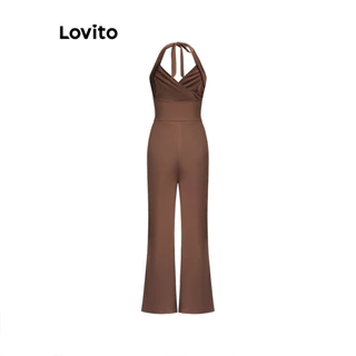 Lovito Macacão casual de linha de estrutura lisa para mulheres LBL11466