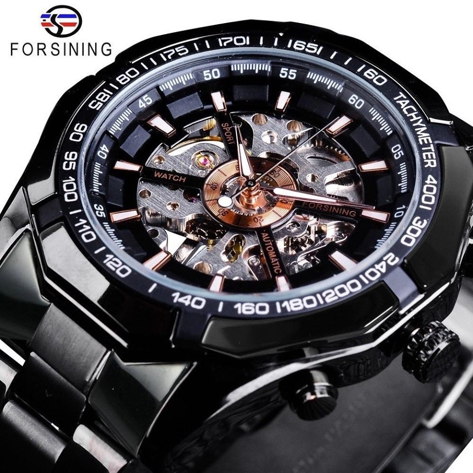 Orologio Uomo Forsining Automatico Scheletro: Meccanico A Carica Automatica, Cinturino Pelle, Quadrante Nero