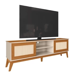 Rack Bancada Para TV Até 65 Polegadas 1,80m 2 Portas Com Tela Rattan Off White/Cedro Cairo EDN
