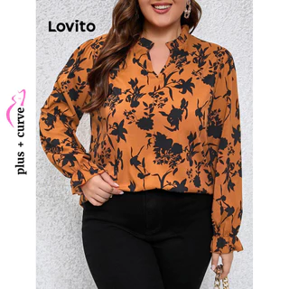 Lovito Blusa feminina casual com babados florais plus size LBL13287