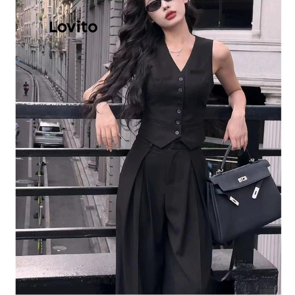 Lovito Women Casual Plain Button Front Pants Sets LNE52529