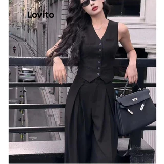 Lovito Women Casual Plain Button Front Pants Sets LNE52529