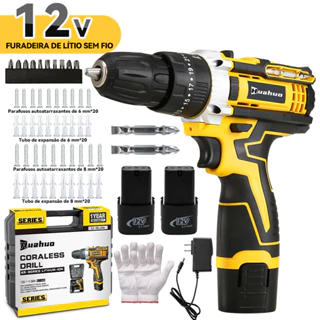600W Furadeira Parafusadeira 1 Baterias 12V Sem Fio Impacto Com Maleta Completo Broca Bits Maleta (220V/110V).