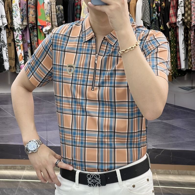 Zíper Combina Com Tudo Lapela Polo Camisa Dos Homens Negócios Casual Xadrez Estampado Manga Curta