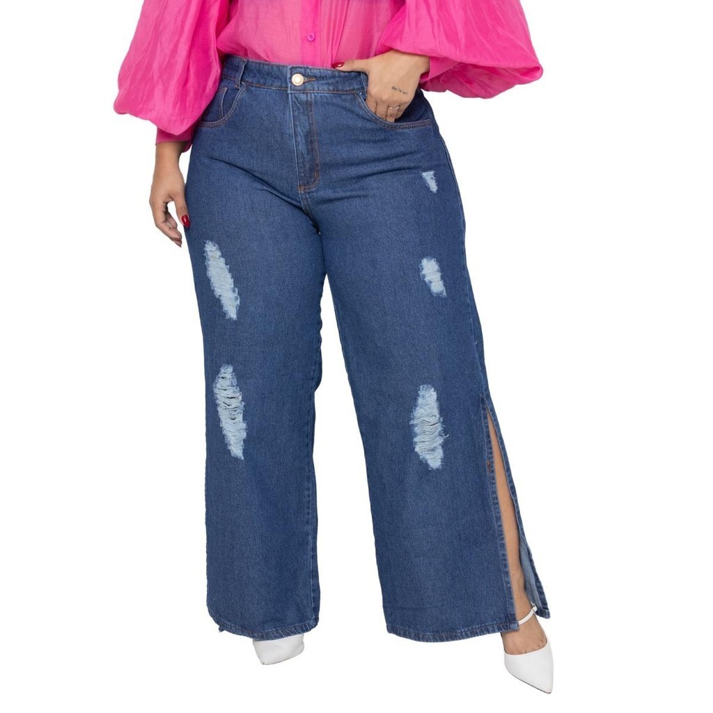 Calça Jeans Wide Leg Plus Size Fenda Lateral Casual | Shopee Brasil