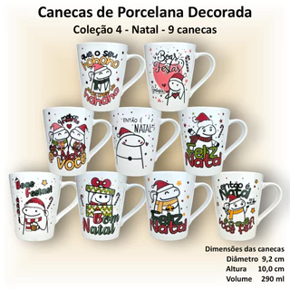 Canecas de porcelana brancas, cônicas, decoradas, 290 ml, xícara, café, chá, Col4-NATAL - 9 canecas