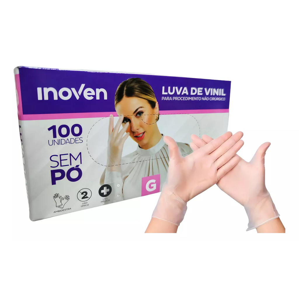 Caixa de Luvas Descartáveis de Vinil Sem Pó - INOVEN - 100 Unidades ...